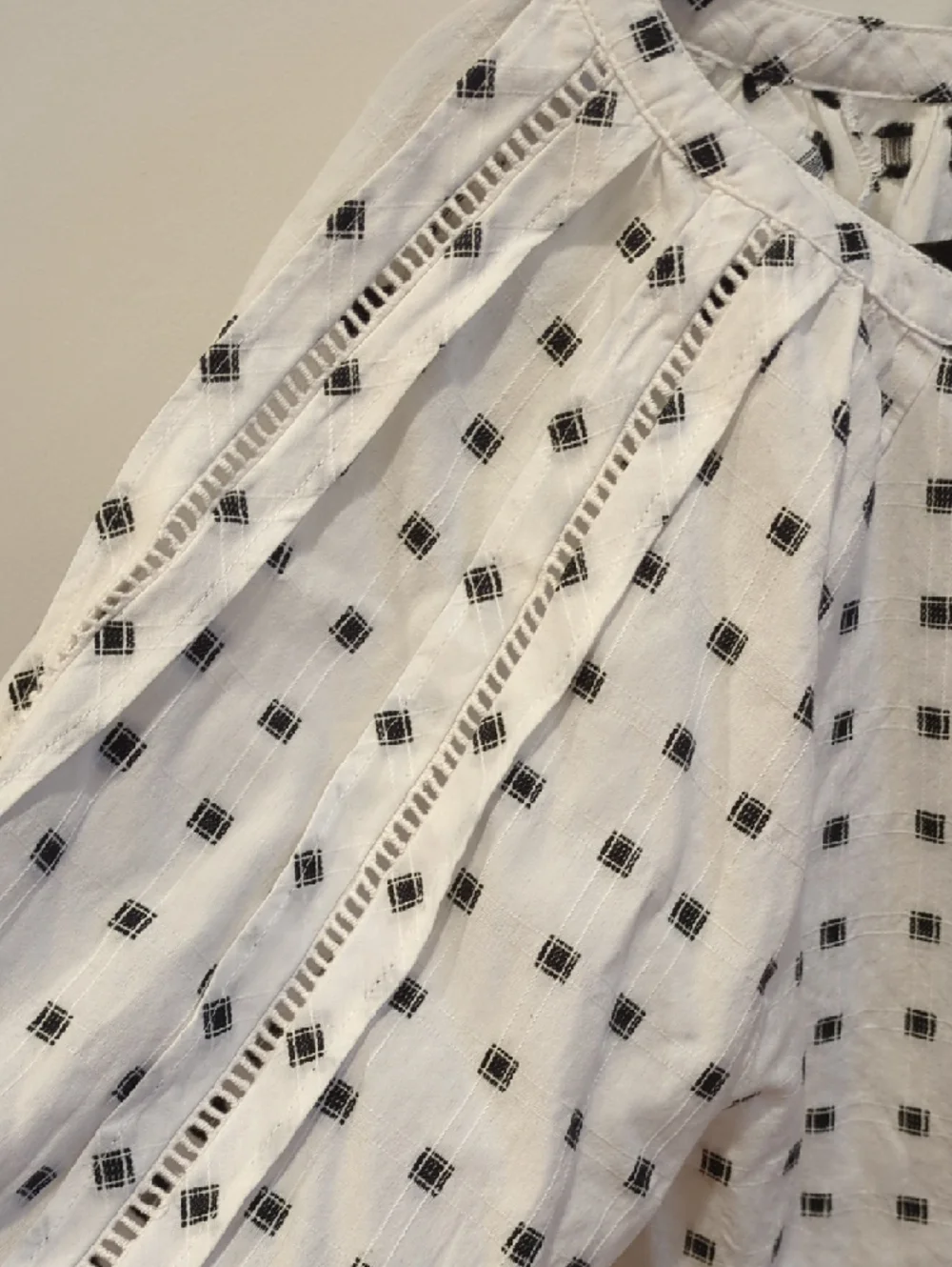 LOFT White Blouse Black Square Dot Embroidery Medium Whimsy Boho Cottage Summer